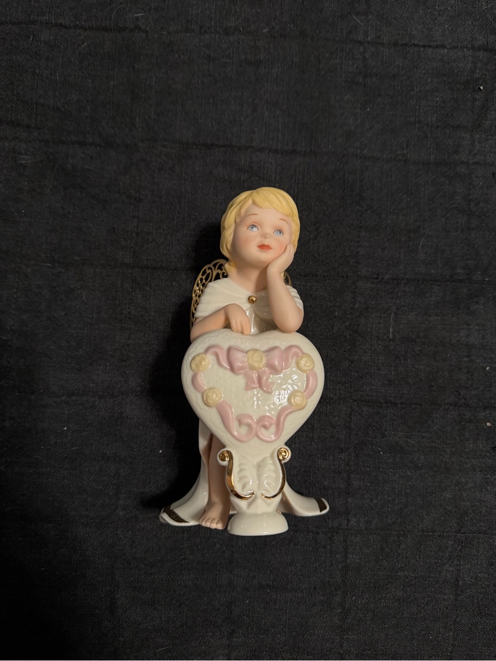 Porcelain Angel Figurine Holding Heart - Pink & Cream